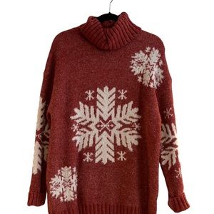 Wine colored mock turtleneck sweater. Back has snowflake also. No snags or holes